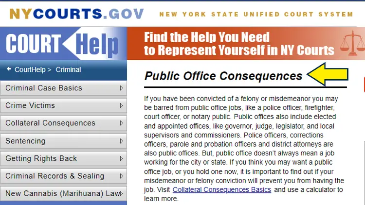 Screenshot of New York Courts website page for criminal court help with yellow arrow pointing to public office consequences when convicted with felony or misdemeanor.