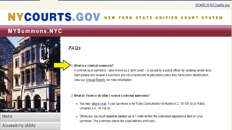 Screenshot of New York Courts website page for FAQs with yellow arrow pointing to what is a criminal summons and who issues it in New York.