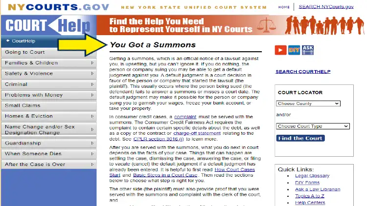 Screenshot of New York Courts website page for court help with yellow arrow pointing to information on summons in New York.