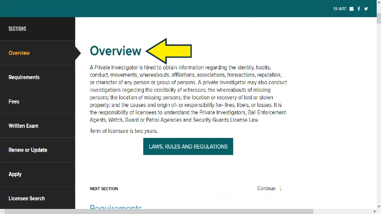 Screenshot of New York Department of State website page for private investigators with yellow arrow pointing to an overview of services provided by private investigators.