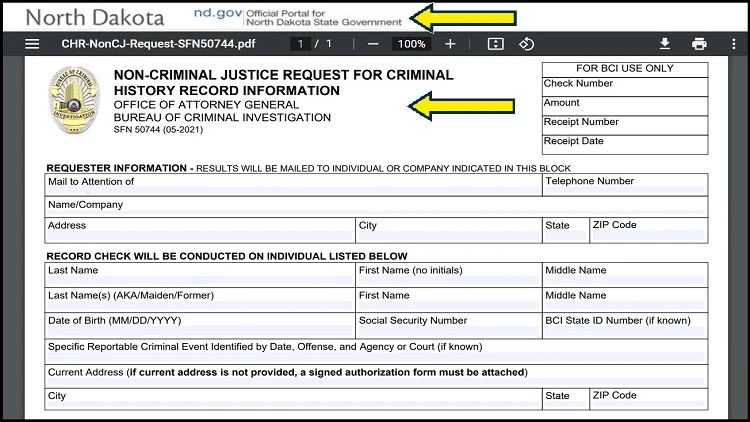 Screenshot of North Dakota State Government website page for request forms with yellow arrows pointing to Non-Criminal Justice Request for Criminal History Record Information form in North Dakota.