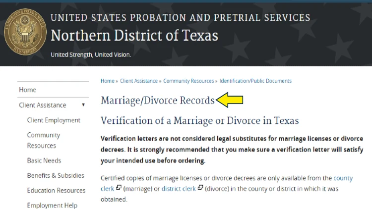 Screenshot of Northern District of TX website page for identification or public documents with yellow arrow pointing to marriage and divorce records