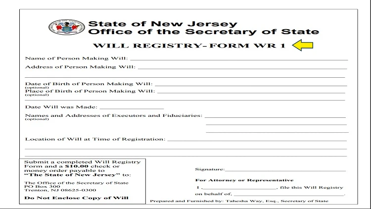 Screenshot of Office of the Secretary of State New Jersey website page with yellow arrow pointing to Will Registry- Form WR 1.