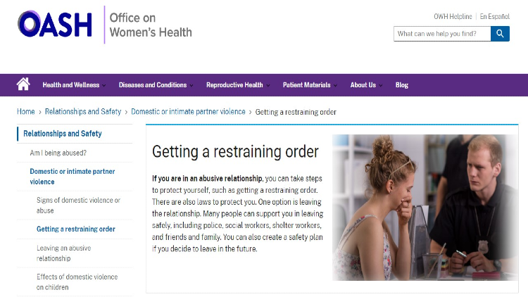 Screenshot of US OASH for office on womens health website page with yellow arrow pointing to getting a restraining order