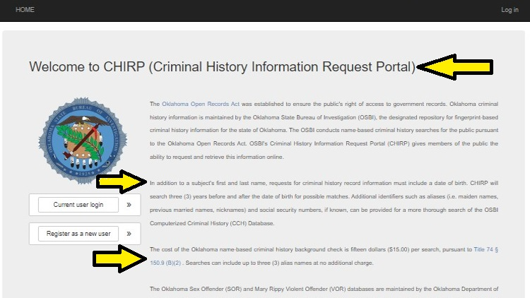 Screenshot of Oklahoma State Bureau of Investigation website page for Oklahoma Criminal History Information Request Portal with information on how to do criminal background check in Oklahoma.