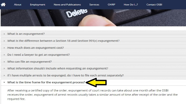 Screenshot of State of Oklahoma website page for FAQs with yellow arrow on timeframe of expungement in Oklahoma.