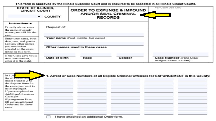 Screenshot of Illinois State Appellate Defender website page for expungement with yellow arrows on Order to Expunge & Impound and/or Seal Criminal Records form in Illinois.