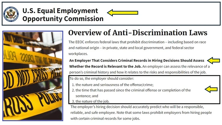 Screenshot of U.S. EEOC website page for employment with yellow arrows pointing to the overview of employment anti-discrimination laws.