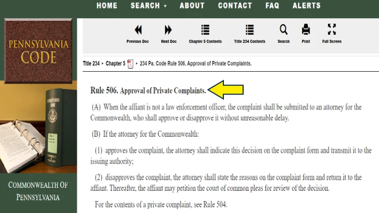 Screenshot of Pennsylvania Code website page for rules on criminal procedure with yellow arrow pointing to rules on approval of private complaints in a criminal case.