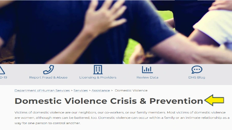 Screenshot of Pennsylvania Government website page for Department of Human Services with yellow arrow pointing to domestic violence crisis & prevention service in Pennsylvania.