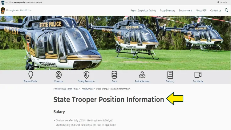 Screenshot of Pennsylvania Government website page for state trooper with yellow arrow pointing to information on state trooper position in Pennsylvania.