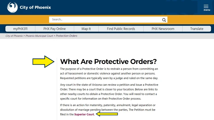 Screenshot of City of Phoenix website page with yellow arrow pointing to Information about protective orders