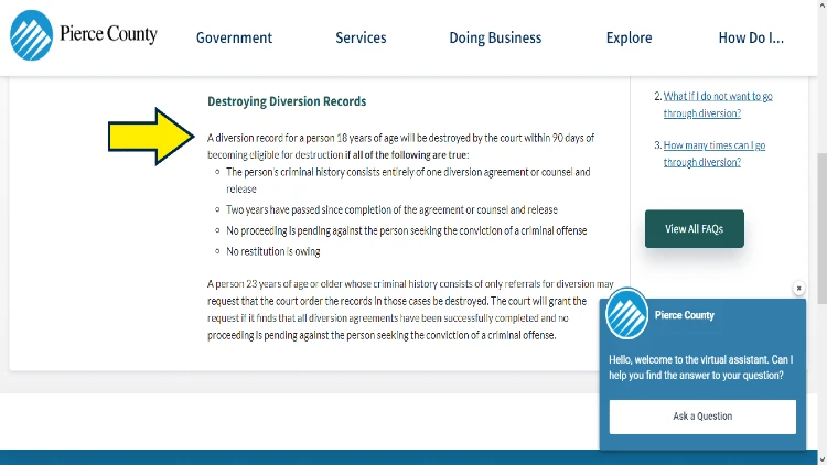 Screenshot of Pierce County website page for juvenile expungement with yellow arrow pointing to how do felonies go away at 18.