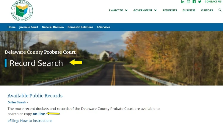 Screenshot of Delaware County, Ohio website page for probate court with yellow arrow pointing to online public records search in Delaware County, Ohio.