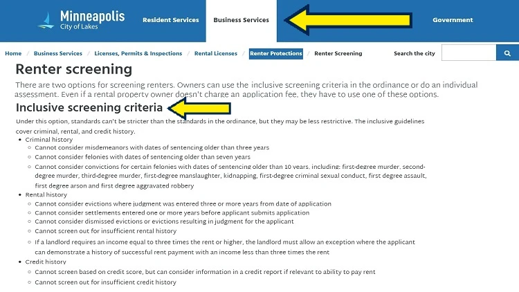 Screenshot of Minneapolis City of Lakes website page for business services with yellow arrow pointing to renter screening criteria