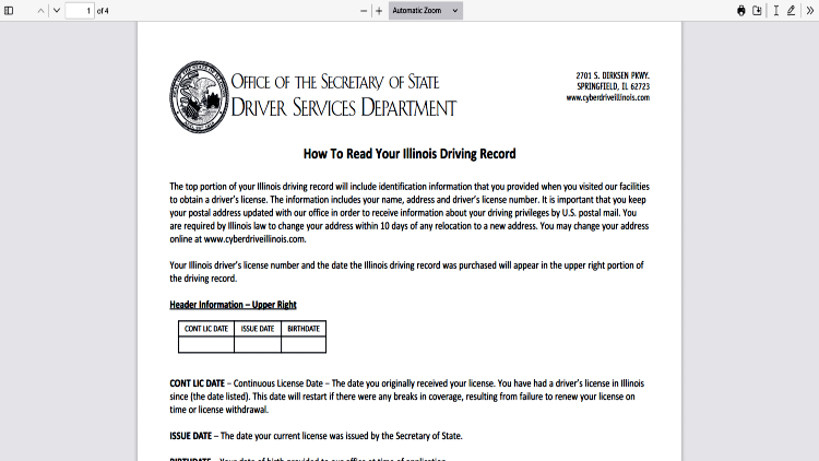 Screenshot og the State Driver Services Department PDF about instructions in reading Illinois driving record