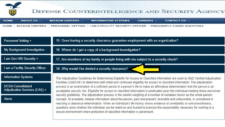 Screenshot of DCSA website page for background investigation with yellow arrows for security clearance denial.