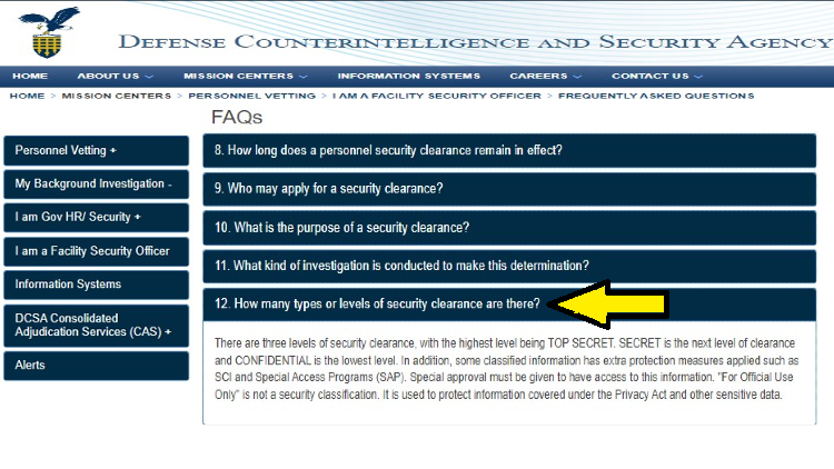 Screenshot of DCSA website page for FAQs with yellow arrow pointing to the security clearance levels.