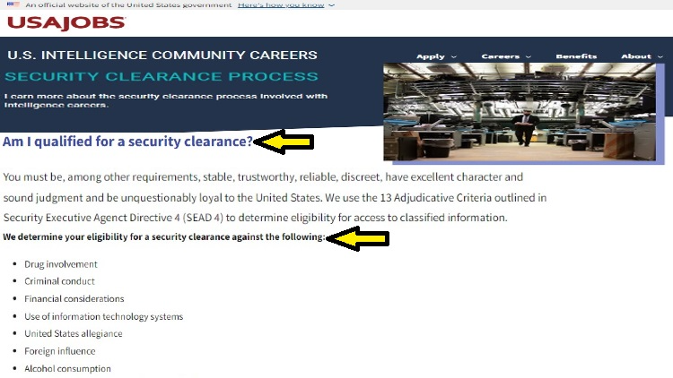 Screenshot of USA Jobs website page for US Intelligence jobs with yellow arrows pointing to requirements for security clearance.