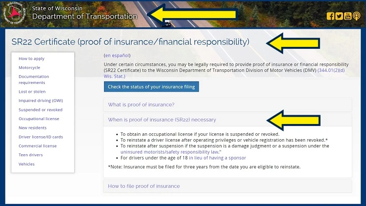 State of Wisconsin Department of Transportation Screenshot with yellow arrows pointing to SR22 Certificate