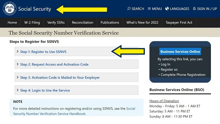 Screenshot of SSA website page for Social Security Number Verification Service with yellow arrows pointing to the steps on how to register for SSNVS.