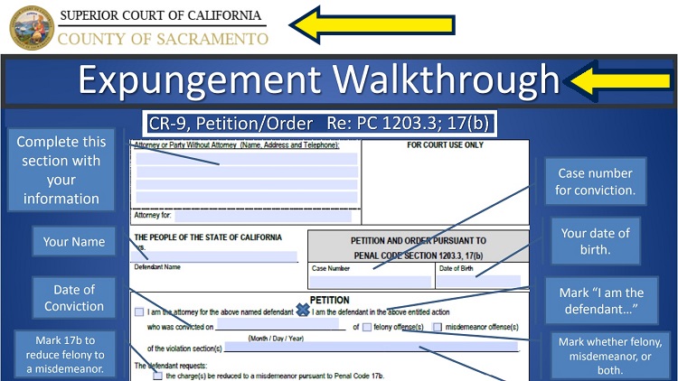 Screenshot of Superior Court of CA website page for County of Sacramento with yellow arrow pointing to expungement form walkthrough