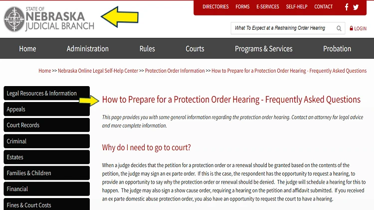 Screenshot of NE Judicial Branch with yellow arrow pointing on how to prepare for a protection order hearing