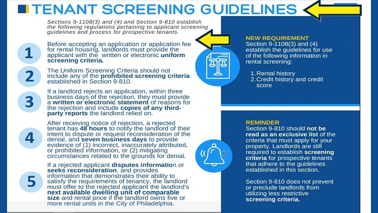 Screenshot of Philadelphia Renters Access Act with yellow arrow pointing to tenant screening guidelines