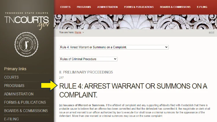 Screenshot of TN courts Rule 4 explaining arrest warrant and summons on a complaint. 