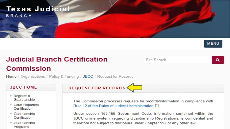 Screenshot of Texas Courts website page for judicial branch certification commission with yellow arrow pointing to request for records