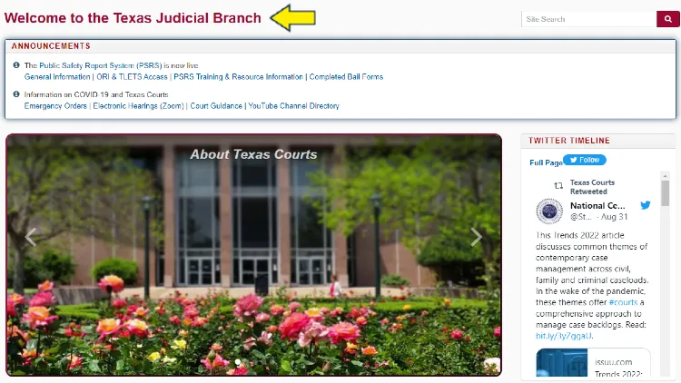 Screenshot of TX Courts for Judicial Branch with yellow arrow pointing to welome page