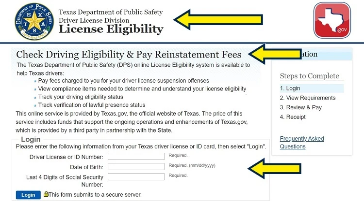 Screenshot of Texas Department of Public Safety Driver License Division website page with yellow arrow pointing to login page for driving eligibility and reinstatement fees 