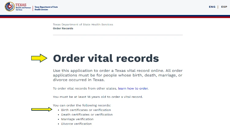 Screenshot showing how to order vital records in Texas. 