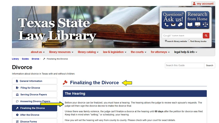 Screenshot of Texas State Library website page for divorce with yellow arrows to information divorce proceedings in Texas.