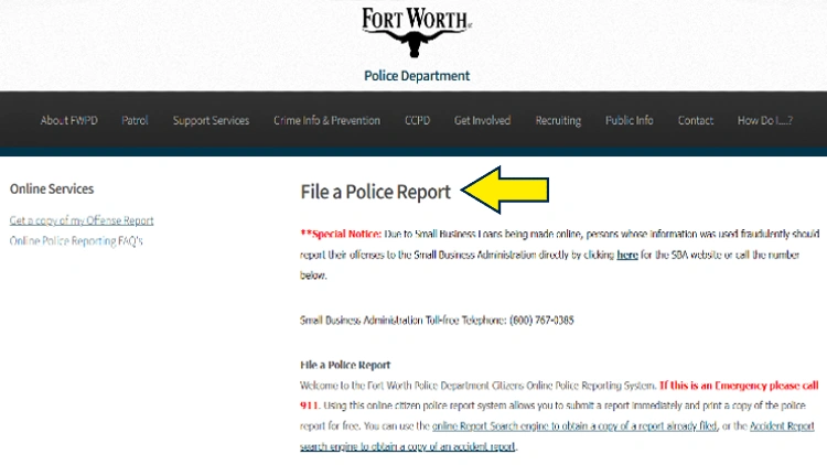 Screenshot of Fort Worth Police Department website page for reports with yellow arrow pointing to how to file a police report in Fort Worth.
