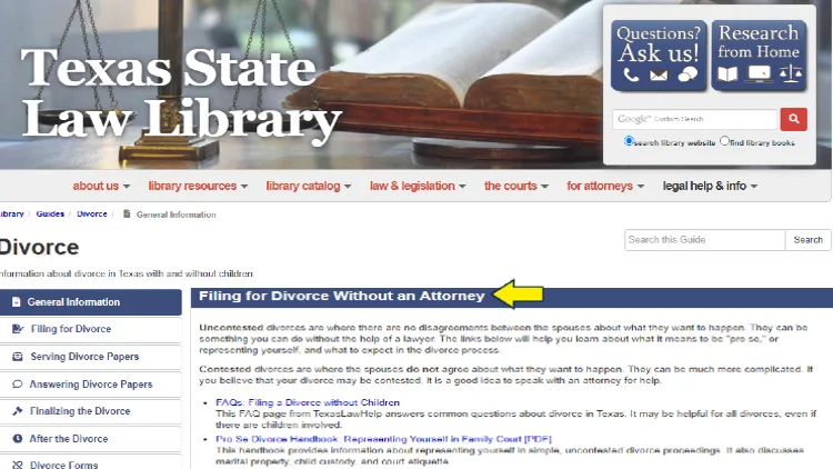 Screenshot of TX State Law Library website page for general information with yellow arrow pointing to filing for divorce without an attorney.