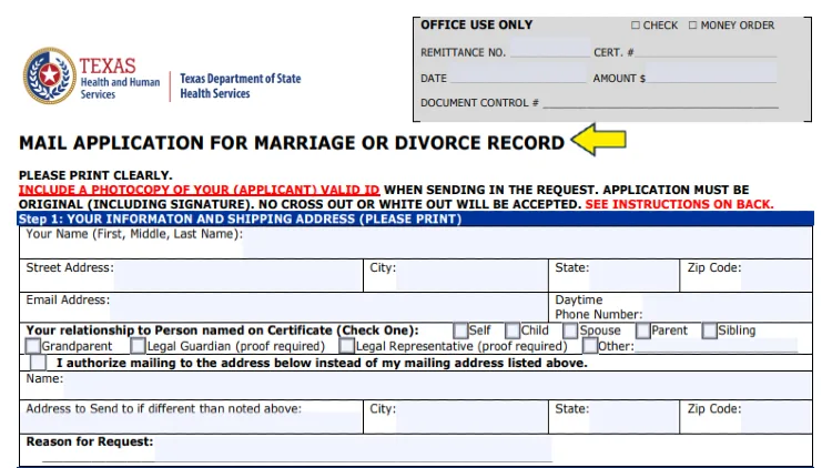 Screenshot of TX Health and Human Services form with yellow arrow pointing to the form name mail application for marriage or Texas divorce record