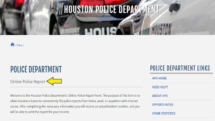 Screenshot of Texas Government website page for Houston Police Department with yellow arrow pointing to online police report.
