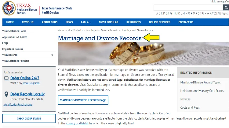 Screenshot of TX Health and Human Services website for vital statistics with yellow arrow pointing to marriage and divorce records