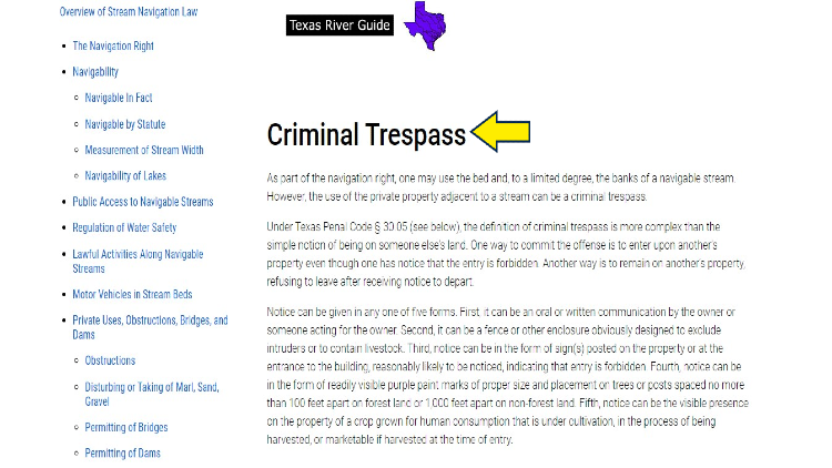 Screenshot of Texas Parks and Wildlife Department website page for Stream Navigation law with yellow arrow pointing to criminal trespass violation as defined in Stream Navigation law in Texas.