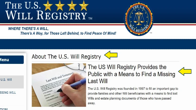 Screenshot of U.S. Will Registry website page for US Will Registry profile with yellow arrow pointing to how to find a missing will.