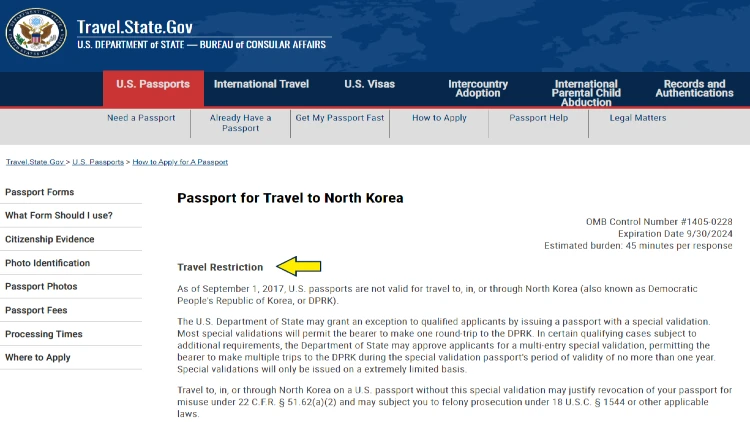 Screenshot of US Department of State website page for passports with yellow arrow on travel restriction to North Korea.