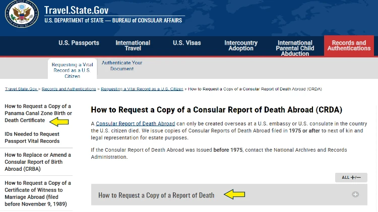Screenshot of US Department of State website page for vital records requests with yellow arrow pointing to how to request a death report when U.S. citizen is overseas.