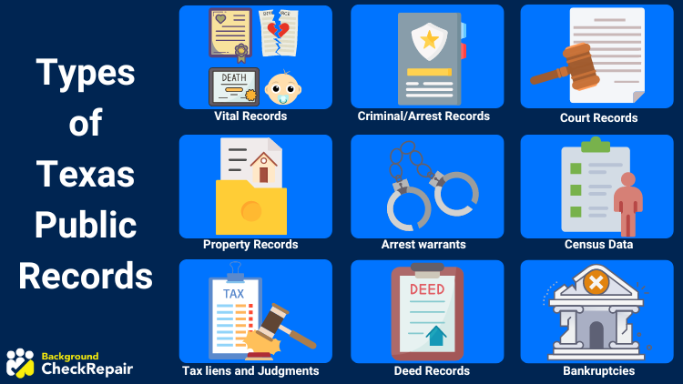 The image displays illustrated icons representing different types of public records available in Texas, including vital records, criminal records, court records, property records, arrest warrants, census data, tax liens, deed records, and bankruptcies.