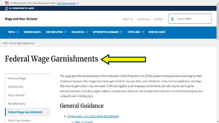 Screenshot of US Department of Labor website for wage and hour division with yellow screenshot pointing to information on federal wage garnishment.