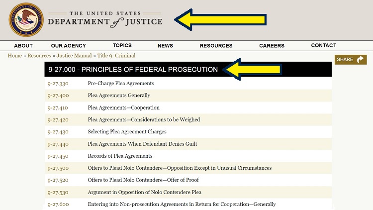 Screenshot of US Department of Justice wesite page for justice manual with yellow arrow pointing to principles of federal prosecution