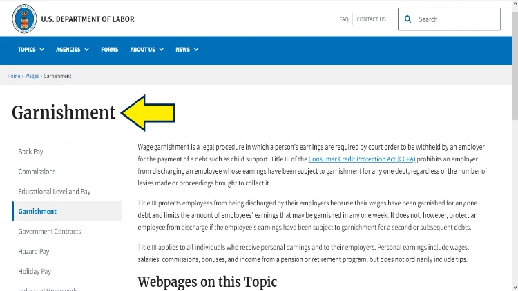 Screenshot of US Department of Labor website page for wages with yellow arrow pointing to the definition of garnishment.