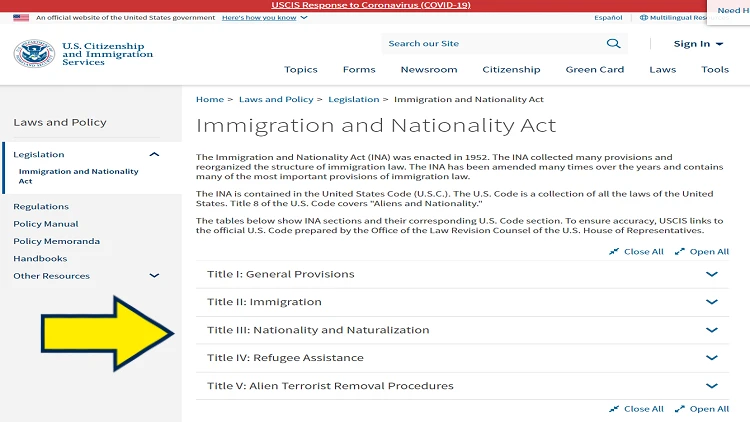 Screenshot of U.S. Citizenship and Immigration Services website page for Immigration and Nationality Act with yellow arrow pointing to Title III: Nationality and Naturalization of the U.S. Immigration law.