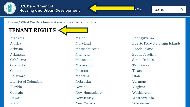 Screenshot of US Department of HUD website page with yellow arrow pointing to tenants rights per state