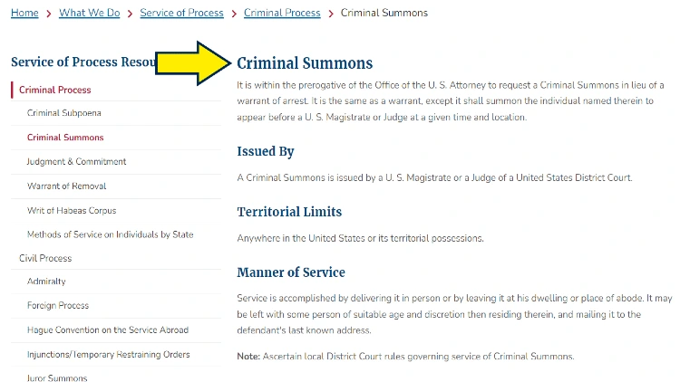 Screenshot of U.S. Marshals website page for criminal process with yellow arrow pointing to information on criminal summons.